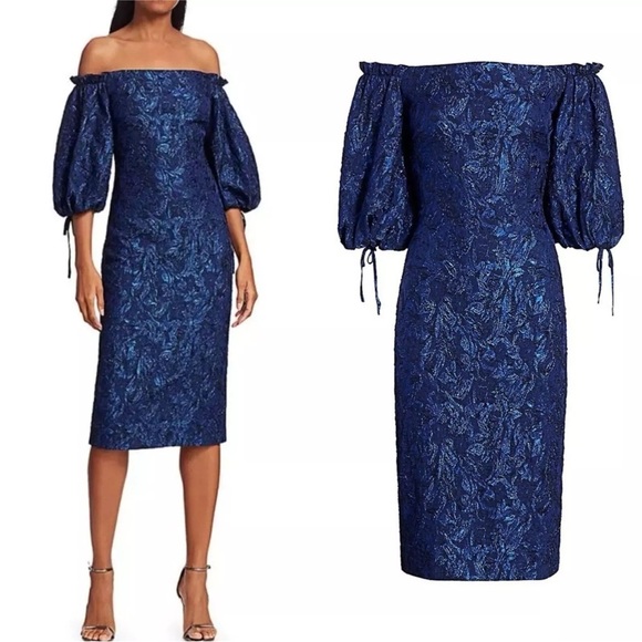 THEIA METALLIC JACQUARD MIDI DRESS Size 4 Cloque Metallic Puff Sleeves $650 - Picture 1 of 17
